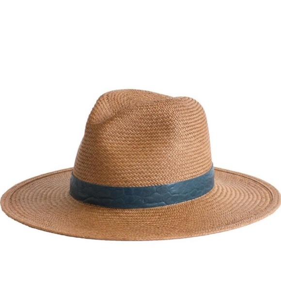 Janessa Leone ‘Panton’ Tan Straw Hat with Navy Blue Lamb Leather Band main image 14